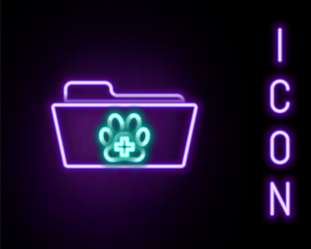 发光的霓虹灯线医疗兽医记录文件夹图标孤立的黑色背景。狗或猫的爪印。文档的宠物。病人文件图标。色彩斑斓的轮廓的概念。向量图片下载