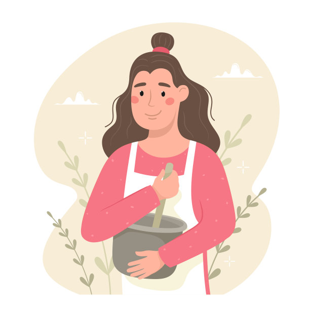 穿着围裙的快乐女人敲打碗里的烘焙材料。手绘矢量插图。温馨的心情，自制的烘焙食品图片下载