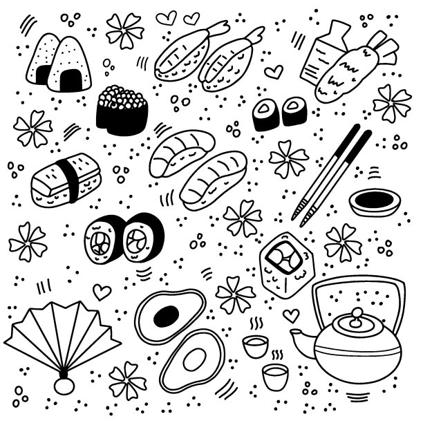 各种寿司和日本食物的涂鸦。图片下载