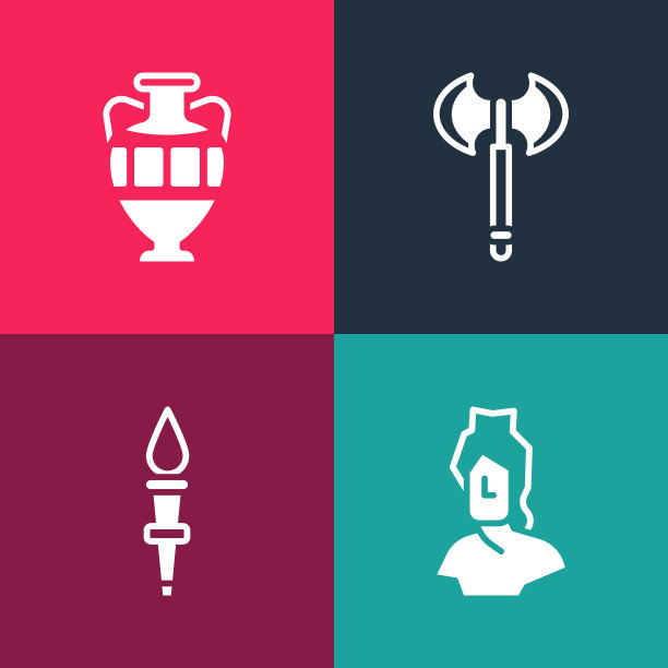 设置流行艺术古代半身像，火炬火焰，中世纪斧头和双耳罐图标。向量图片下载