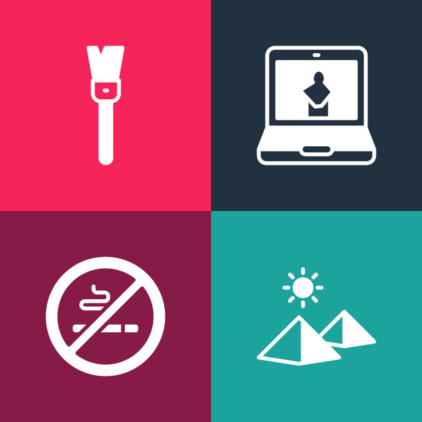 设置流行艺术埃及金字塔，禁止吸烟，在线博物馆和画笔图标。向量图片下载