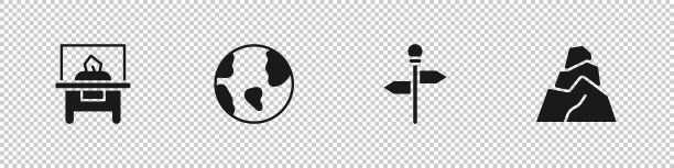 设置玻璃展示，地球地球仪，道路交通路标和岩石图标。向量图片下载