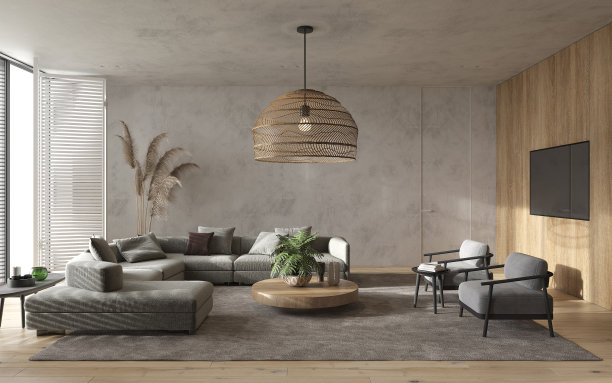极简主义现代室内斯堪的纳维亚设计。明亮的工作室客厅。舒适的设计全景窗户，大型模块化沙发，大型木制灯，电视和绿色植物。3 d渲染。3 d演示。图片下载