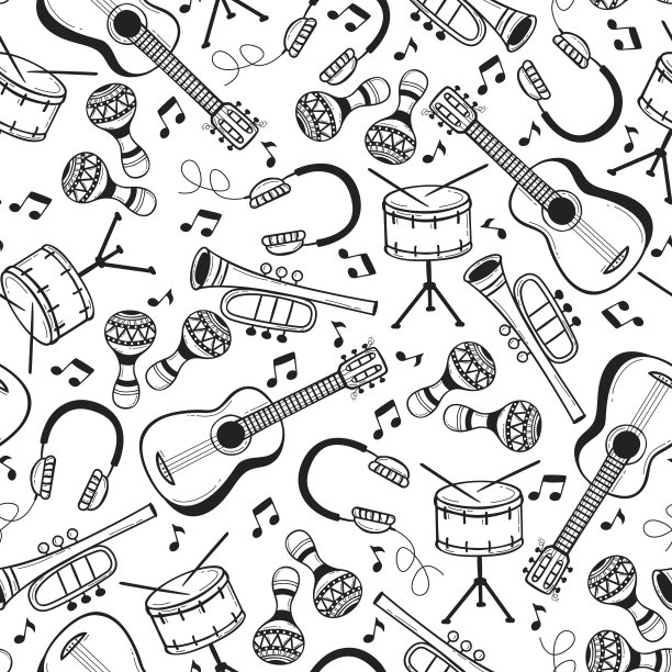 无缝模式与乐器涂鸦风格。图片下载