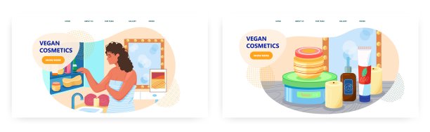 素化妆品登陆页面设计，网站banner矢量模板设置。女孩使用环保伦理美容化妆品图片下载
