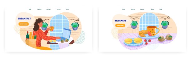 欧洲早餐登陆页面设计，网站banner矢量模板集。咖啡配法式羊角面包和马卡龙。图片下载