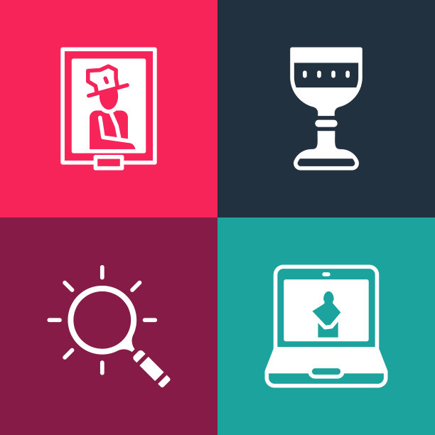 设置流行艺术在线博物馆，放大镜，中世纪高脚杯和肖像图标。向量图片下载