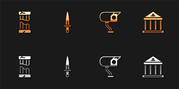 设置破碎的古代柱，匕首，安全摄像头和博物馆建筑图标。向量图片下载