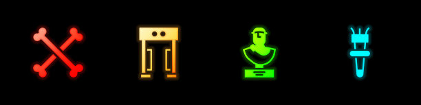 交叉的人骨，金属探测器，古代半身像雕塑和火炬火焰图标。向量图片下载