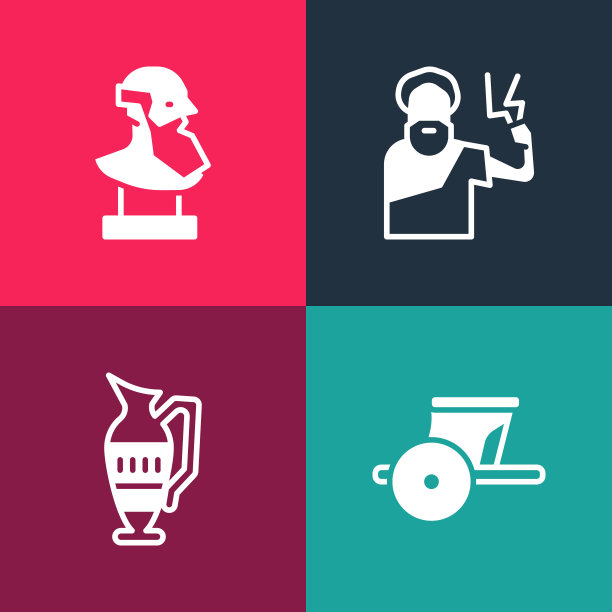 集合波普艺术古代战车、双耳罐、宙斯和半身像雕塑。向量图片下载