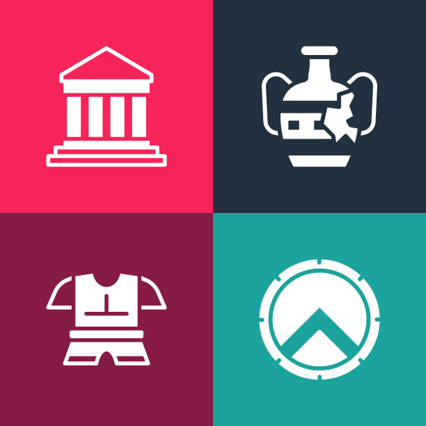 设置流行艺术希腊盾牌，防弹衣，破碎的双耳瓮和帕台农图标。向量图片下载