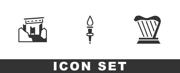 设置古代废墟，火炬火焰和竖琴图标。向量图片下载