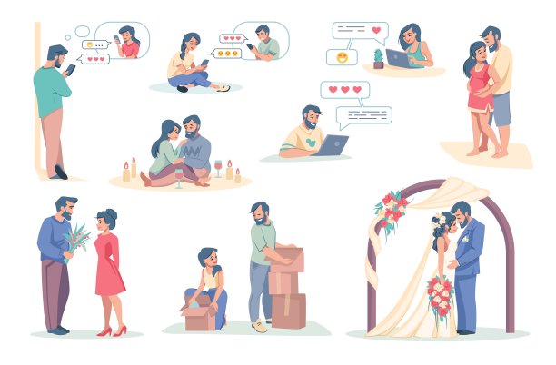 在线约会应用。男孩和女孩使用手机应用相识。情侣聊天和浪漫的会面。人物送花和结婚，矢量场景设置图片下载