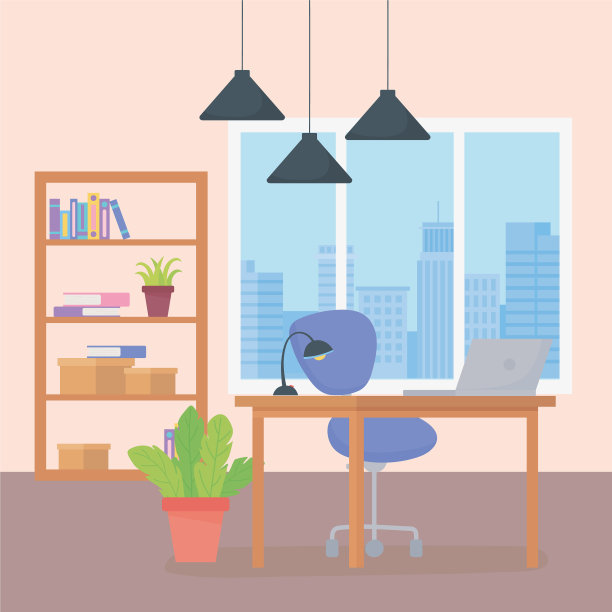 办公室办公桌椅笔记本台灯书架图片下载