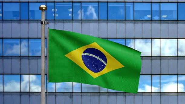 3D插图巴西国旗，现代摩天城市。带有巴西旗帜的塔图片下载