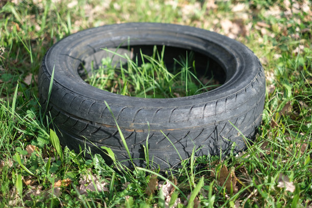 废旧橡胶汽车轮胎被丢弃在原始森林生态系统中，对环境造成工业污染图片下载