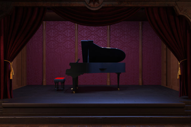 红窗帘夜店舞台上的大钢琴。图片下载
