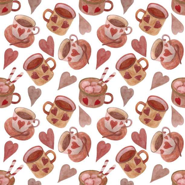无缝图案的咖啡杯与心形在白色的背景。图片下载