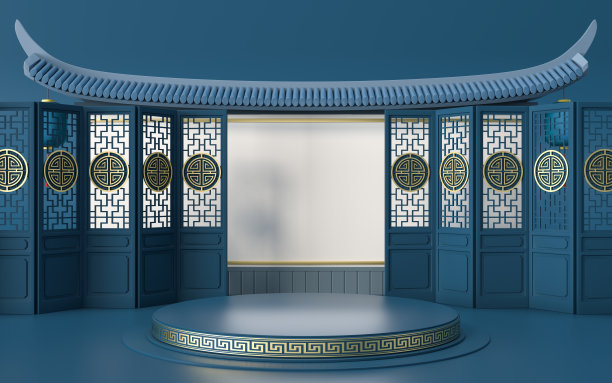 空平台与招牌墙，中式复古风格，3d渲染。图片下载