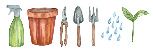 一套水彩手绘园艺。剪纸艺术菜园。春天的幼苗。乡村风格。喷雾器、陶土花盆、修枝器、铲子、耙子、水滴、芽苗。图片下载