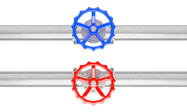 3d渲染蓝色和红色阀门的钢管从顶视图隔离在一个白色的背景。工业用数字图像的插图。图片下载