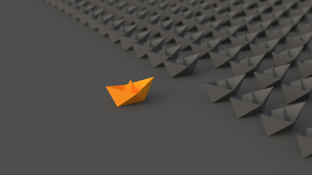 领导理念，橙色的领导船，从一群黑色的船中脱颖而出，在黑色的背景上图片下载