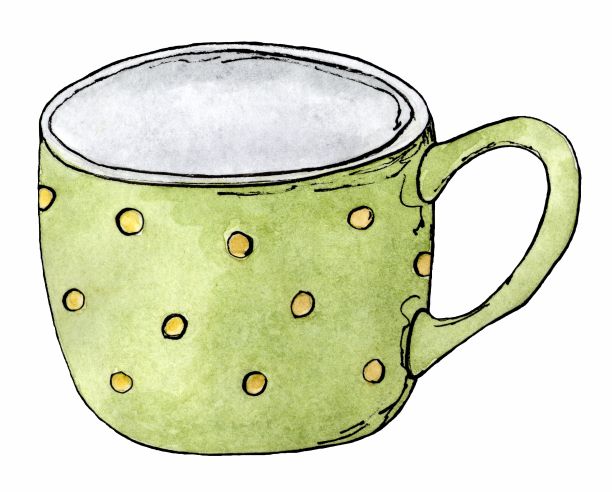 彩色圆点马克杯。盆鲜花。图片下载