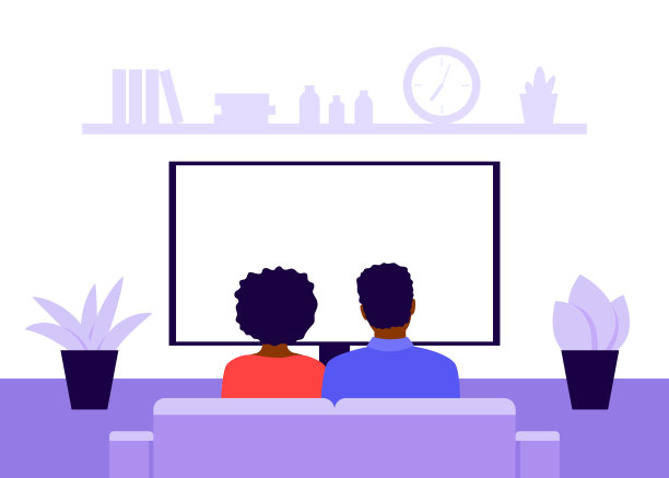 一对年轻的黑人夫妇坐在家里的沙发上看电视，看新闻，背景。客厅内。休息，娱乐，花时间隔离和隔离。矢量图图片下载