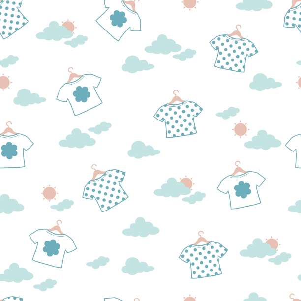 晾晒衣服在阳光明媚的日子矢量艺术图形无缝模式图片下载