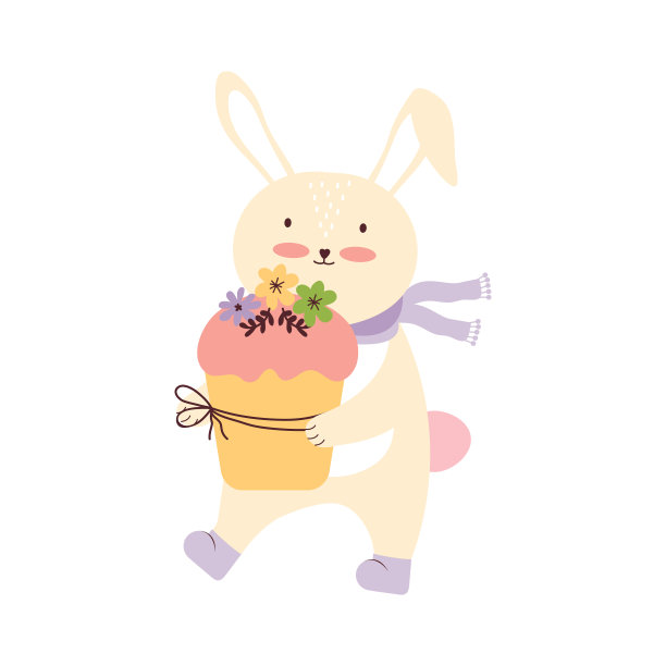 复活节快乐!可爱的兔子复活节蛋糕孤立的白色背景。有趣的节日兔子。兔子宝宝卡通人物和节日糕点。春节。手绘矢量图图片下载