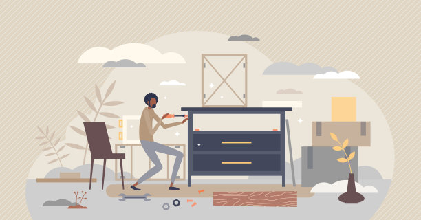 家居装修作为家具组装或木工修理的微小人概念图片下载