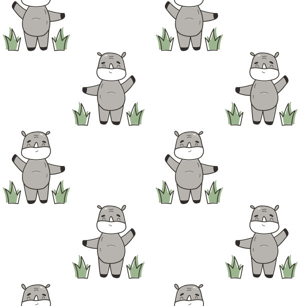 可爱的无缝图案与小犀牛和草，明亮的矢量印花，用于儿童t恤和穿，婴儿房，贺卡。手绘插图。图片下载
