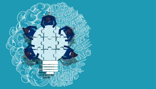 社区交易市场分析商人与淑女群头脑风暴工作，连接拼图，为成功，现代设计理念概念向量。图片下载