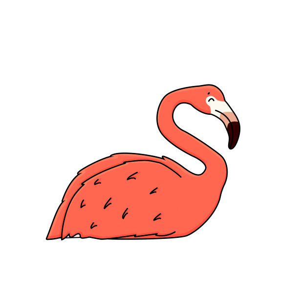矢量轮廓卡通粉红桃火烈鸟孤立在白色的背景。涂鸦动物躺在地板上，睡着了，腿是看不见的，眼睛是闭着的，侧视。图片下载