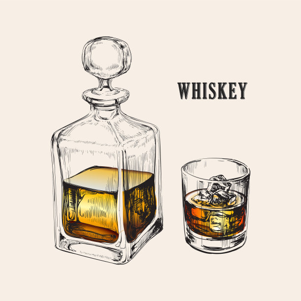 威士忌酒瓶和玻璃手画饮料图片下载