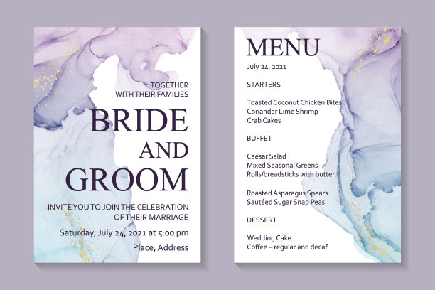 婚礼请柬用紫色水彩波浪或酒精墨水风格的流体艺术与金色的白色。图片下载