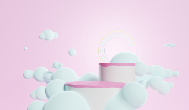 抽象彩色粉彩背景与圆柱体讲台，几何代表儿童或婴儿产品。3 d渲染。图片下载