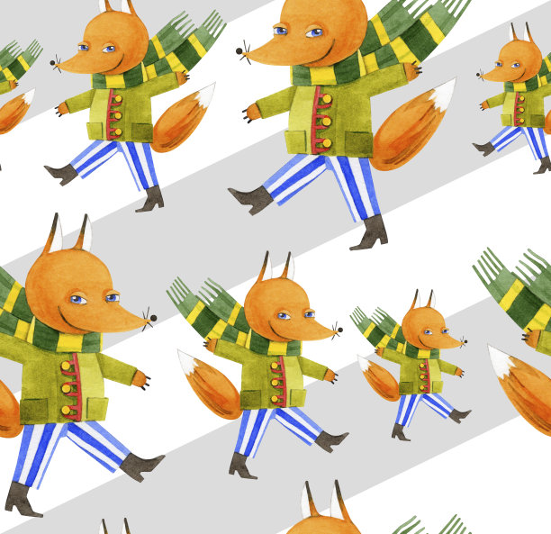 无缝的红色狐狸图案上的条纹背景。可爱的卡通动物。手绘水彩插图在灰色和白色的背景。用于明信片，包装，纺织品，印刷品，墙纸。图片下载