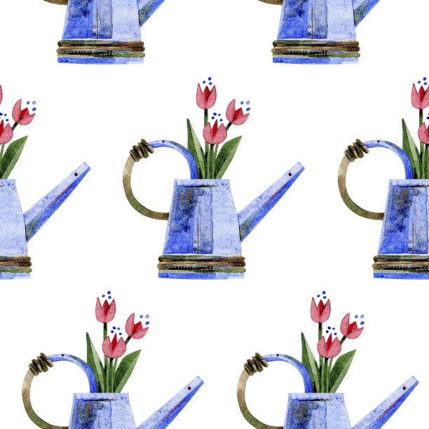 无缝图案与水彩金属喷壶。喷壶里的一束红色郁金香。白色背景上的纹理。适用于纺织品、印刷品、包装、墙纸、织物、纸张、网站。图片下载