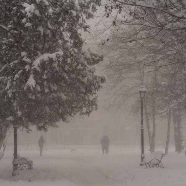 城市公园在冬天有大雪。在城市里，行人在暴风雪中走在街上。图片下载