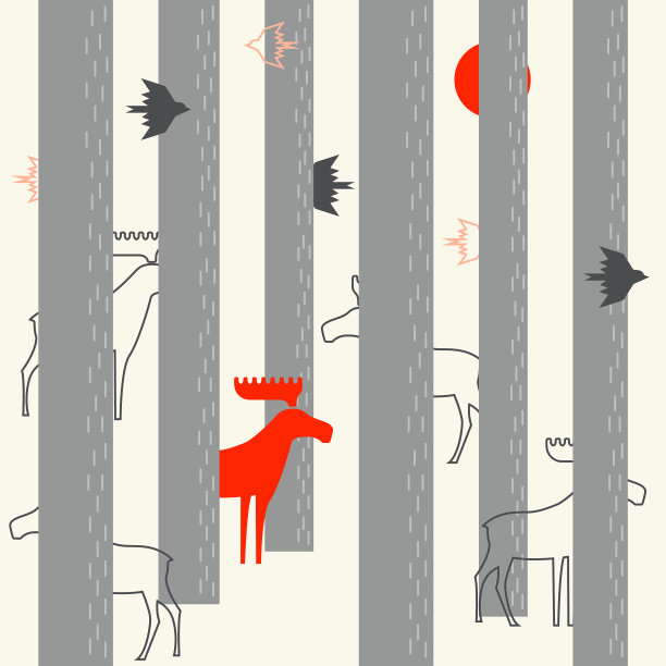 森林中有鹿和鸟的剪影图片下载