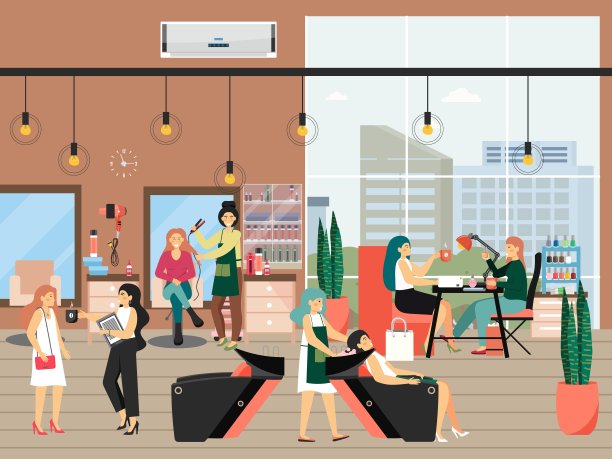 女性角色的发型和美容院，平面矢量插图。发型,发型,修指甲。美容沙龙。图片下载