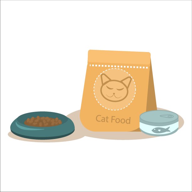 猫粮包装与猫碗、罐头食品矢量插画（白色背景）图片下载