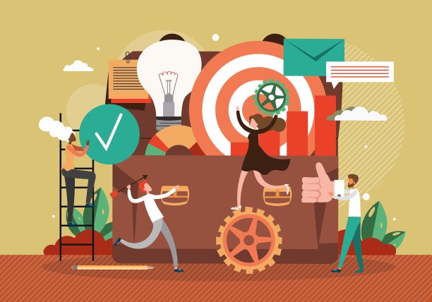办公室里的人带着巨大的公文包，有目标，齿轮，灯泡，平面矢量插图。业务工作经验。图片下载