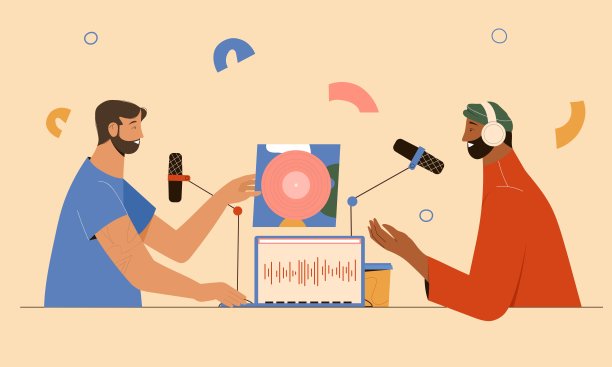 人们用耳机，笔记本电脑，麦克风录制播客或广播音乐节目。矢量插图。图片下载