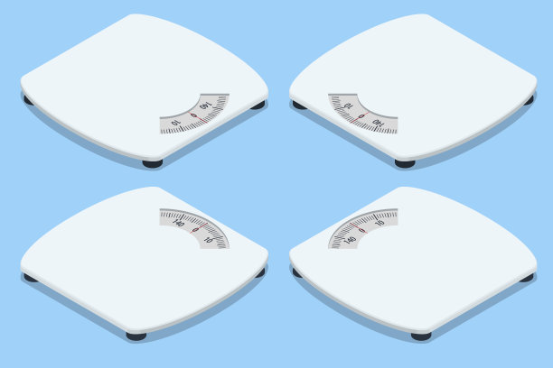 等距浴室秤在白色背景，俯视图。减肥，健康的生活方式，饮食，适当的营养。图片下载