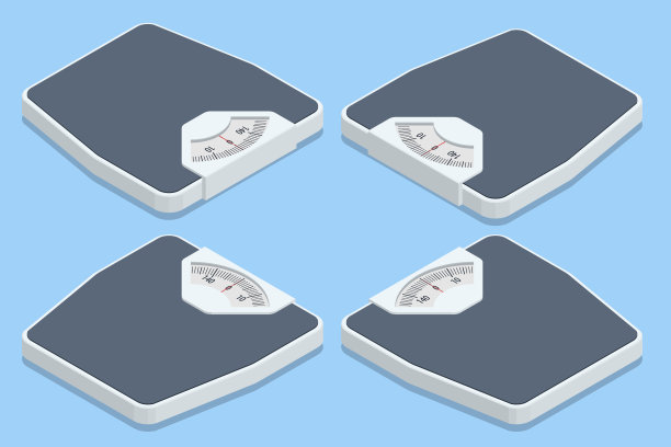 等距浴室秤在白色背景，俯视图。减肥，健康的生活方式，饮食，适当的营养。图片下载