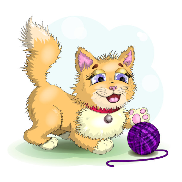 画着可爱的姜黄色快乐的小猫玩着球图片下载