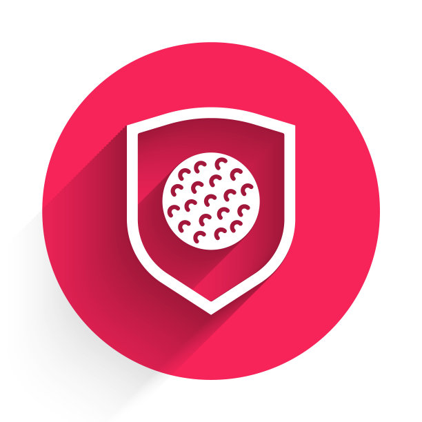 白色高尔夫球与盾牌图标孤立与长影子。红色圆圈按钮。向量图片下载