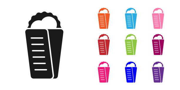 黑色皮塔饼希腊快餐传统美食图标孤立在白色背景。酸奶沙司希腊沙拉三明治。设置图标丰富多彩。向量图片下载